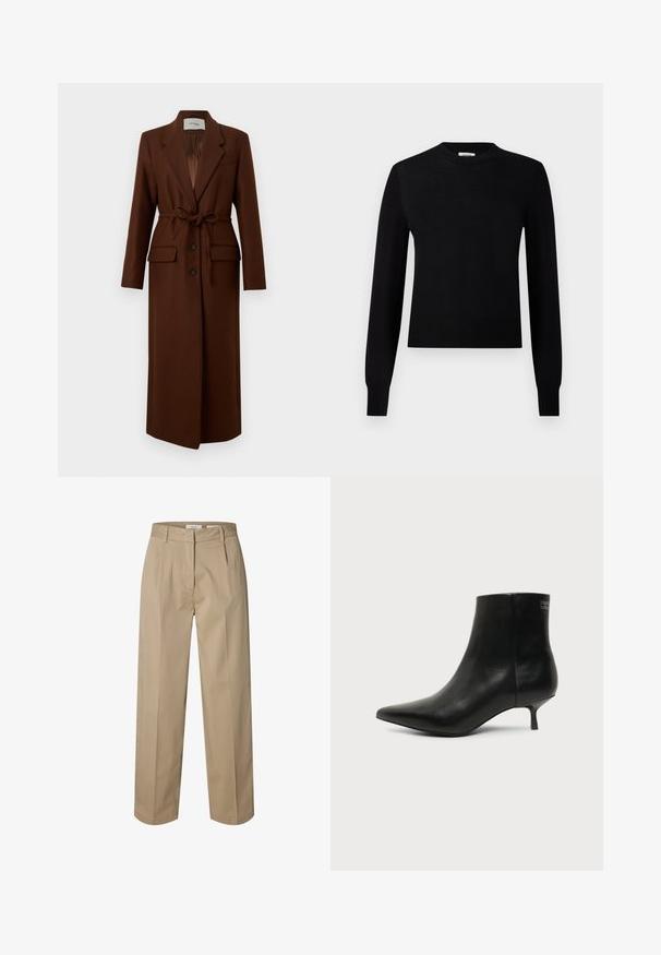 Long manteau en laine marron avec col à revers, boutons sur le devant, ceinture à nouer à la taille et deux poches à rabat devant, présenté sur fond blanc.; Pull léger noir en maille, à manches longues, col rond et poignets côtelés, présentant une coupe ajustée et une texture lisse.; Pantalon beige à jambes droites avec passants pour ceinture, fermeture éclair et agrafe à l’avant, ainsi que plis subtils à l’avant pour un look ajusté.; Bottine en cuir noir avec bout pointu et petit talon kitten sur fond clair, vue côté extérieur.