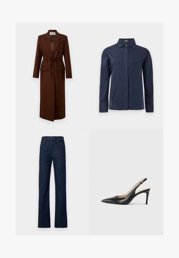 Long manteau en laine marron avec col à revers, boutons sur le devant, ceinture à nouer à la taille et deux poches à rabat devant, présenté sur fond blanc.; Chemise boutonnée à manches longues bleu marine, en tissu léger et lisse. Équipée d'un col classique et d'une patte de boutonnage discrète.; Jean en denim bleu foncé avec jambes droites, taille haute, cinq poches, et détails de coutures orange contrastantes. Texture lisse, sans motifs prononcés.; Escarpins en cuir noir avec une pointe fine, une bride ajustable et un talon aiguille élégant, présentant une finition lisse.