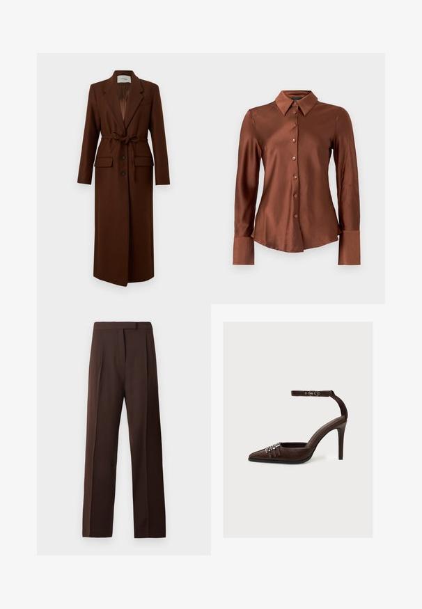 Long manteau en laine marron avec col à revers, boutons sur le devant, ceinture à nouer à la taille et deux poches à rabat devant, présenté sur fond blanc.; Chemise en satin marron à manches longues, boutonnée à l'avant, avec un col pointu. Elle présente une finition texturée et un ourlet arrondi.; Pantalons droits en chocolat foncé, ajustés, avec une taille et un système de fermeture dissimulé à l'avant sur un fond blanc.; Chaussure à talon haut en cuir marron avec bout pointu, trois boucles décoratives argentées à l'avant et bride à la cheville avec boucle argentée.