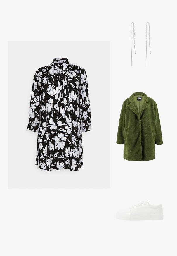 Olive rohelise fliiskattega mantel, millel on soonikuga krae, avatud eesmine osa ja kaks küljetaskut. Pehme, tekstuuriga välimus pakub soojust ja mugavust.; Anna Field Curvy Särkkleit - black/white; Valged kanvas kingad pakse, valge kummist tallaga, ümarate varvastega ja klassikalise nöörimise disainiga, millel on viis silmust.; Hõbedased ketikõrvarõngad pikliku disainiga, millel on õrn ahel ja sirged, õhukesed ripatsid otstes. Sile tekstuur.