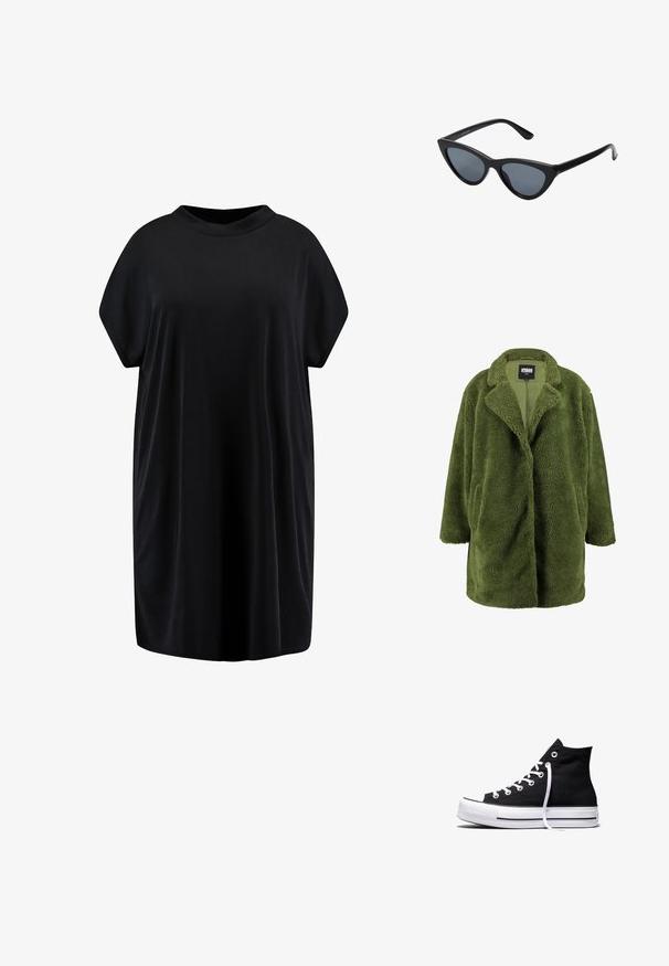 Olivgrüner Fleece-Mantel mit eingeschnittenem Kragen, offener Front und zwei Seitentaschen. Die weiche, strukturierte Außenseite sorgt für Wärme und Komfort.; Urban Classics Jerseykleid - black; Schwarzer High-Top-Canvas-Sneaker mit weißer Gummisohle und weißen Schnürsenkeln, seitlich dargestellt vor weißem Hintergrund.; Schwarze Cat-Eye-Sonnenbrille mit dunkelgrauen Gläsern, schlankem Kunststoffrahmen, spitzen Ecken und geraden Bügeln. Keine sichtbaren Befestigungen oder Akzente.