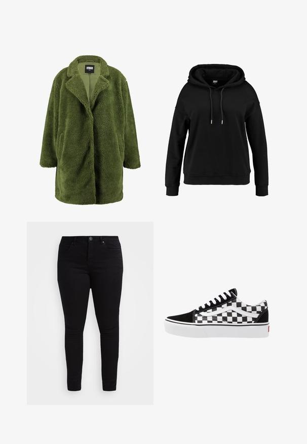 Oliven grøn fleecejakke med klippet krave, åben front og to sidelommer. Den bløde, strukturerede overflade giver varme og komfort.; Sort hætte sweatshirt med løstsiddende pasform, snøre i halsen, lange ærmer, ribbede manchetter og kant. Fremstillet af blødt, tekstureret stof.; Sorte skinny jeans lavet af denim. Har fem lommer, lynlås og en topknap. Glat tekstur og tætsiddende design.; Sorte og hvide ternede lærredsnickers med sorte ruskindsdetaljer, hvide snørebånd og gummisål. Logoet på siden har et kontrastdesign.