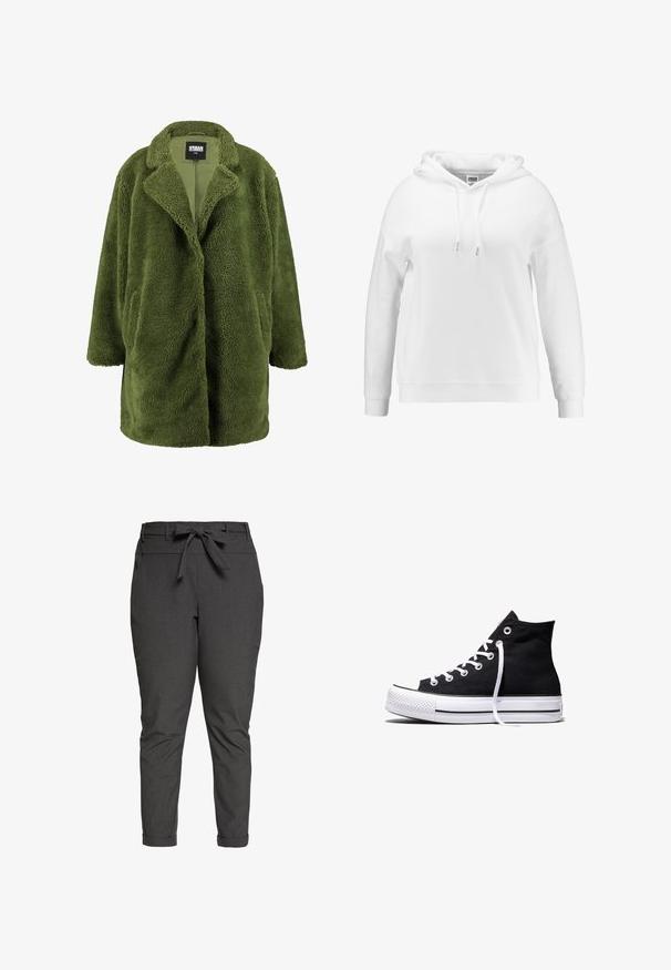 Olivgrüner Fleece-Mantel mit eingeschnittenem Kragen, offener Front und zwei Seitentaschen. Die weiche, strukturierte Außenseite sorgt für Wärme und Komfort.; Weißer Hoodie mit lockerer Passform, Kordeln an der Kapuze, gerippten Bündchen und Saum. Aus weichem Stoff mit glatter Textur gefertigt.; Dunkelgraue Hose mit einem Taillenzug, schmal zulaufendem Bein, frontalen Taschen und umgeschlagenen Säumen. Glatte Textur mit einem dezenten Muster.; Schwarzer High-Top-Canvas-Sneaker mit weißer Gummisohle und weißen Schnürsenkeln, seitlich dargestellt vor weißem Hintergrund.