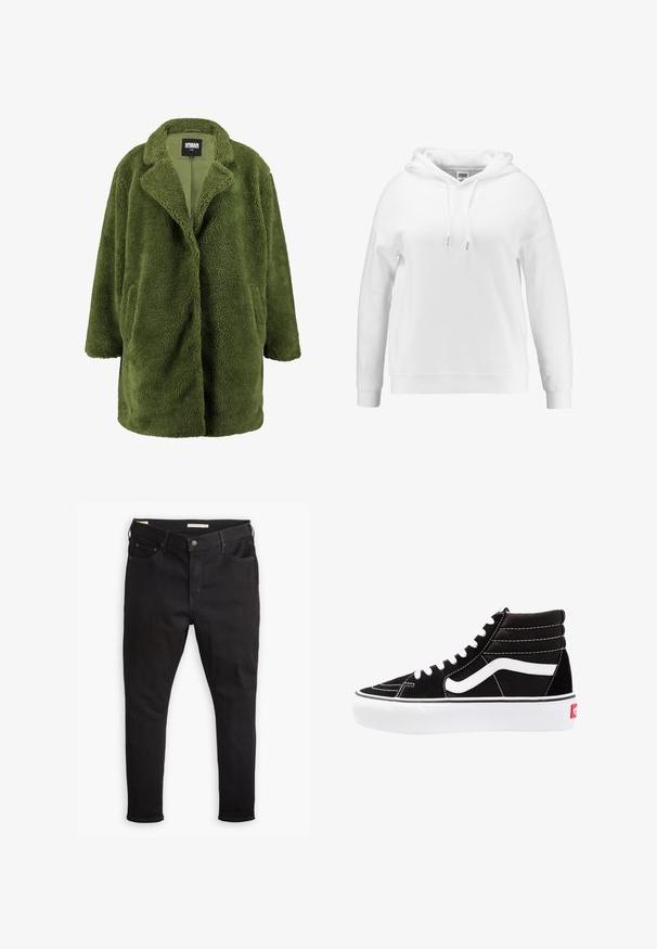 Manteau en polaire vert olive avec un col en V, une devanture ouverte, et deux poches latérales. L'extérieur doux et texturé offre chaleur et confort.; Sweat à capuche blanc avec une coupe décontractée, cordons sur la capuche, poignets et ourlet côtelés. Fabriqué en tissu doux avec une texture lisse.; Jeans en denim noir à coupe slim, avec un design classique à cinq poches, fermeture par bouton en métal et accents de couture subtils.; Baskets montantes noires avec des lacets blancs, un logo blanc et des coutures blanches contrastées. Dotées d'une épaisse semelle blanche et d'un dessus en daim texturé.