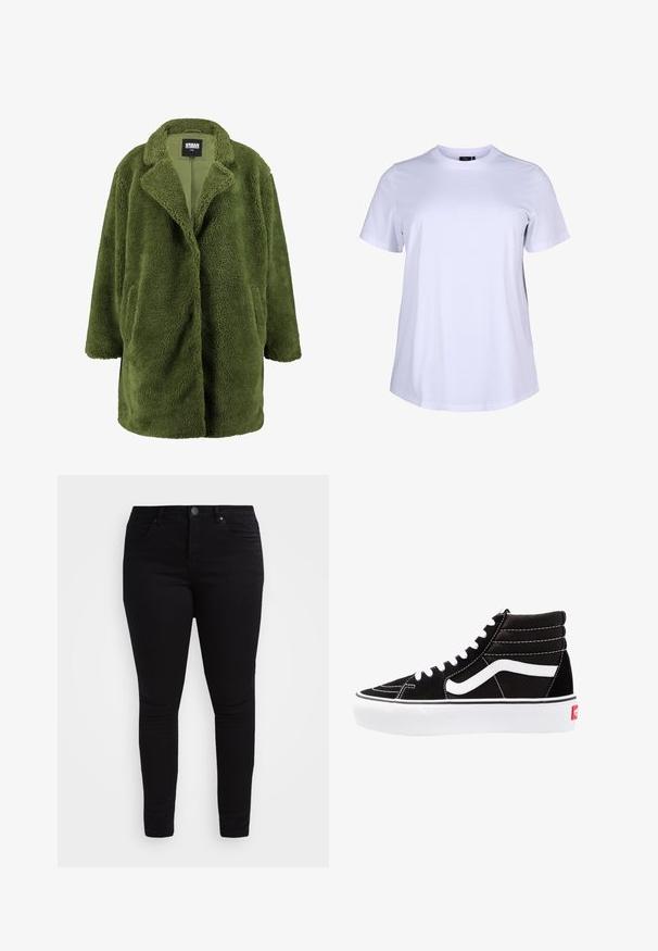 Olivgrüner Fleece-Mantel mit eingeschnittenem Kragen, offener Front und zwei Seitentaschen. Die weiche, strukturierte Außenseite sorgt für Wärme und Komfort.; Weißes T-Shirt mit kurzen Ärmeln aus glattem Baumwollstoff. Hat einen Rundhalsausschnitt und eine lockere Passform, ohne sichtbare Muster oder Akzente.; Schwarze enge Jeans aus Denim. Verfügt über fünf Taschen, einen Reißverschluss und einen oberen Knopf. Glatte Textur und taillierte Passform.; Schwarze High-Top-Sneaker mit weißen Schnürsenkeln, einem weißen Logo und kontrastierendem weißen Nähten. Verfügt über eine dicke weiße Sohle und ein strukturiertes Wildleder-Obermaterial.
