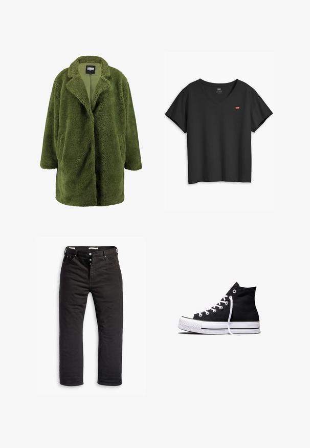 Manteau en polaire vert olive avec un col en V, une devanture ouverte, et deux poches latérales. L'extérieur doux et texturé offre chaleur et confort.; T-shirt noir à manches courtes en v, fabriqué en coton, avec un petit logo rouge Levi's sur la poitrine gauche. Texture lisse, coupe décontractée.; Jean en denim noir avec une coupe droite, comprenant une fermeture à bouton, cinq poches et des détails de couture subtils. Texture lisse.; Baskets montantes en toile noire avec semelle en caoutchouc blanche et lacets blancs, vues de côté sur un fond blanc.