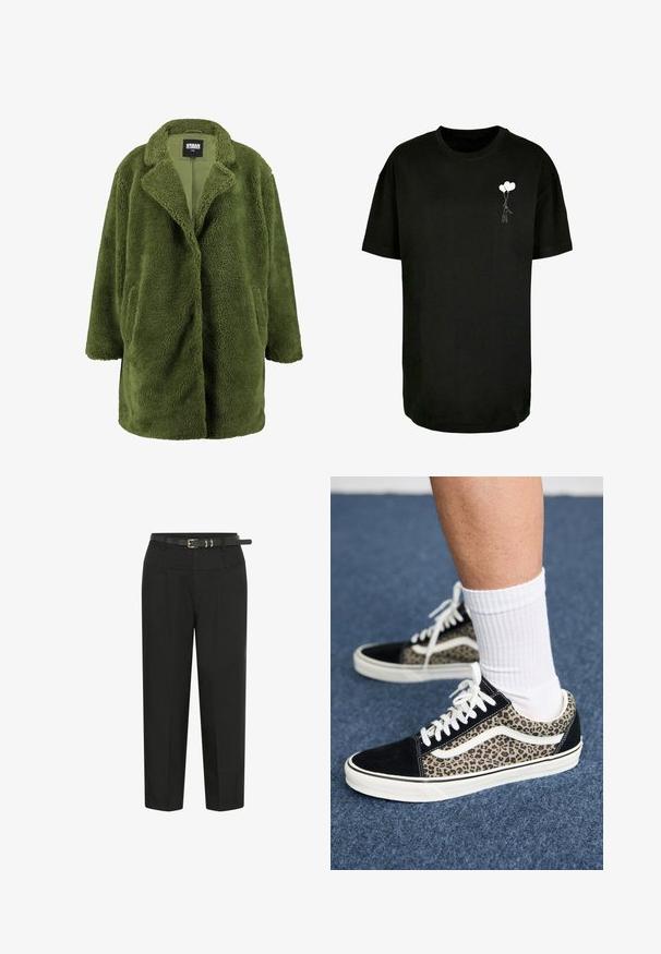 Oliven grøn fleecejakke med klippet krave, åben front og to sidelommer. Den bløde, strukturerede overflade giver varme og komfort.; Sort bomulds t-shirt med rund hals, prydet med et hvidt grafisk motiv af en figur, der holder to balloner på venstre brystområde.; Sorte skræddersyede ankellange bukser med høj talje og et tyndt sort bælte med metalspænde.; Sorte og beige leopardprint sneakers med hvide detaljer, der har snørebånd, en gummisål og en tekstureret overdelsstof. Hvide ribbede sokker er synlige.