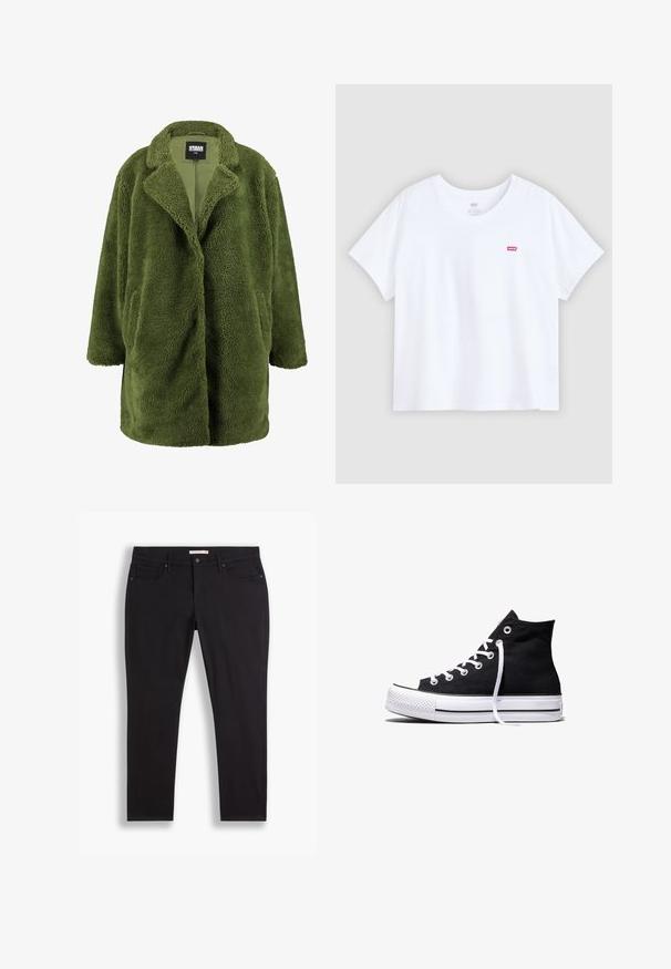 Olivgrüner Fleece-Mantel mit eingeschnittenem Kragen, offener Front und zwei Seitentaschen. Die weiche, strukturierte Außenseite sorgt für Wärme und Komfort.; Weißes Baumwoll-T-Shirt mit kurzen Ärmeln und Rundhalsausschnitt. Mit einem kleinen roten Logo auf der linken Brust. Glatte Textur und locker sitzend.; Schwarze Jeans aus Denim mit schlankem Schnitt, Fünf-Taschen-Design und glatter Textur. Standardbund mit Gürtelschlaufen und dezenten Stickdetails.; Schwarzer High-Top-Canvas-Sneaker mit weißer Gummisohle und weißen Schnürsenkeln, seitlich dargestellt vor weißem Hintergrund.