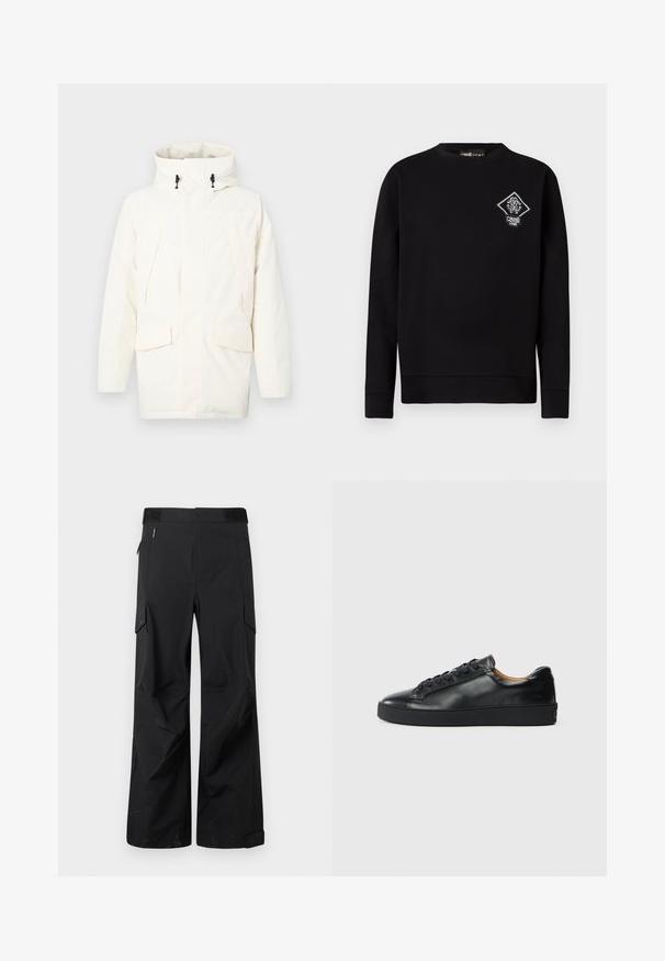Witte hoodie met ritsluiting, twee voorzakken en een licht gestructureerde stof. Inclusief toggles voor aanpassing.; Zwarte trui van katoen, met een ronde hals, lange mouwen en een diamantenvormig geborduurd logo op de borst.; Zwarte cargo-broeken gemaakt van een gladde, waterafstotende stof. Kenmerken zijn wijde pijpen, meerdere zijzakken en een vlakke tailleband met subtiele branding.; Zwarte leren sneaker met een gladde textuur, ronde neus en vetersluiting. Heeft een dikke rubberen zool en minimale merkaanpassing.
