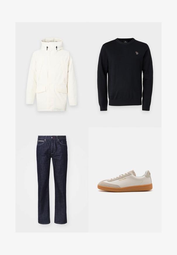Witte hoodie met ritsluiting, twee voorzakken en een licht gestructureerde stof. Inclusief toggles voor aanpassing.; PS Paul Smith CREW NECK - Trui - black; Donkerblauwe denim jeans met een rechte snit, subtiele contrasterende stiksels, vijf zakken en een knoopsluiting bij de taille.; Witte en beige lage sneakers met een gumrubberen zool, witte veters, suède details en een gouden "Paul Smith" logo aan de zijkant.