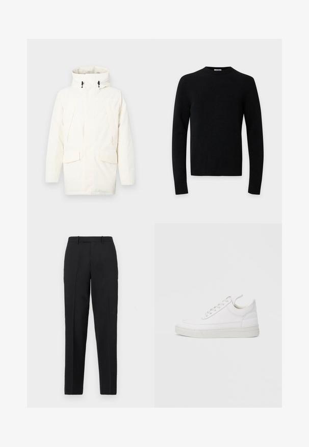 Hvid hættejakke med lynlås, to frontlommer og et let struktureret stof. Inkluderer toggles til justering.; Sort langærmet rundhalset sweater med ribkant ved kant og ærmer på en ensfarvet lysegrå baggrund.; Theory STRAIGHT - Bukser - deep black; Hvid lædersneaker med rundet tå, flad sål og snørebånd foran. Har syningsdetaljer og polstret krave for komfort.