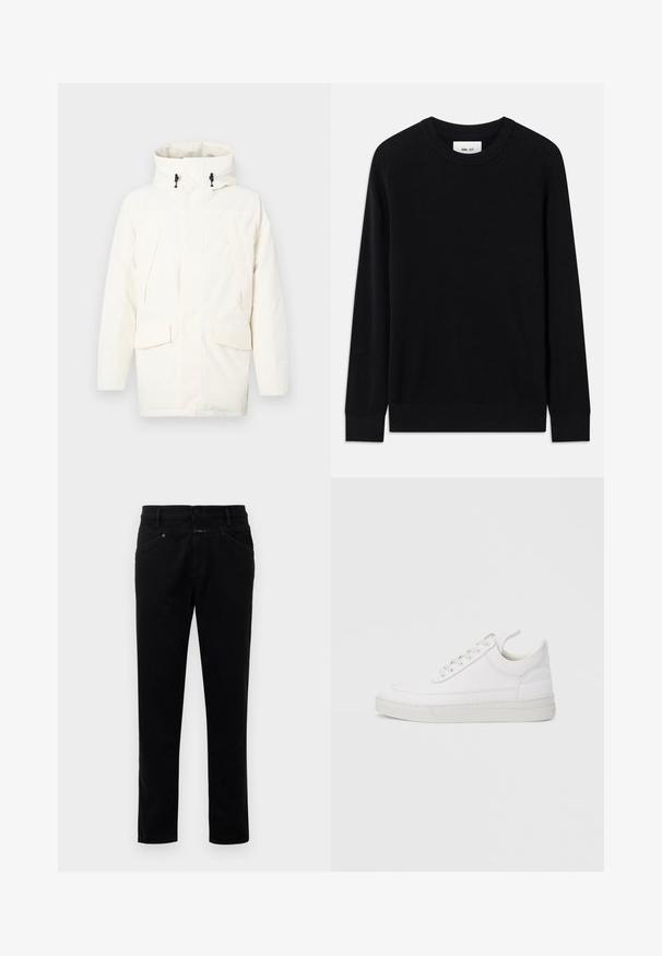 Hvid hættejakke med lynlås, to frontlommer og et let struktureret stof. Inkluderer toggles til justering.; Sort ribbet sweater med rund halsudskæring, lange ærmer og strikket tekstur. Har en lige kant og en subtil brandinglabel indeni.; Sorte denimbukser med straight-leg design, der har knaplukning, fem lommestyle og en glat tekstur.; Hvid lædersneaker med rundet tå, flad sål og snørebånd foran. Har syningsdetaljer og polstret krave for komfort.