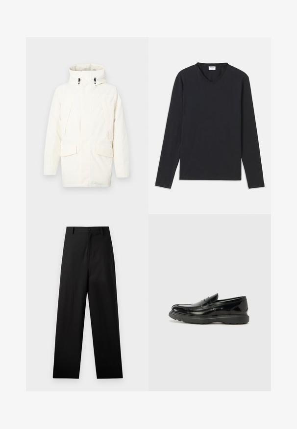 Veste à capuche blanche avec fermeture éclair, deux poches avant et un tissu légèrement texturé. Comprend des cordons pour un ajustement.; T-shirt noir à manches longues avec un décolleté en V, fabriqué à partir d'un tissu doux, présentant une coupe droite et sans motifs ni accents visibles.; Pantalons noirs en coton avec une coupe droite, dotés d'une fermeture à bouton à l'avant et de poches latérales. Texture lisse, sans motifs.; Mocassin en cuir noir avec une finition brillante, bout arrondi, détails de couture subtils et semelle en caoutchouc épaisse pour la durabilité.