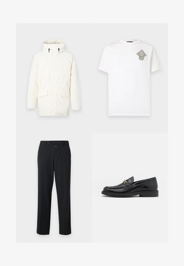Hvid hættejakke med lynlås, to frontlommer og et let struktureret stof. Inkluderer toggles til justering.; Hvid bomuld t-shirt med en diamantformet grå logo på venstre bryst. Korte ærmer, rund halsudskæring og standard pasform.; Sorte bukser med lige pasform, lavet af glat stof. Har en frontlukning med knap og subtile syninger. Ensfarvet design uden mønstre.; Sorte læder loafers med en rund tå, der har guld hardware accent og syningsdetaljer, placeret på en lav, tekstureret gummisål.