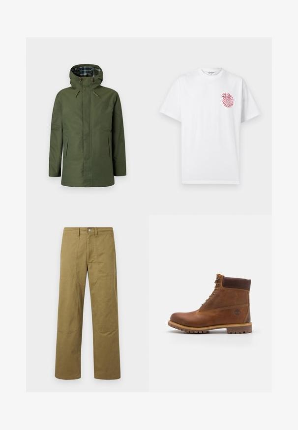 Veste imperméable vert olive avec capuche, doublure intérieure à carreaux, poches latérales et boutons décoratifs sur le devant.; T-shirt blanc à manches courtes avec un petit texte en spirale rouge sur le côté gauche de la poitrine indiquant "Carhartt WIP" et "Est. 1889" dans un design circulaire.; Pantalon kaki à jambe droite avec des détails de coutures visibles, des passants de ceinture, une fermeture par bouton à l'avant, et des panneaux en forme de patchs aux genoux.; Botte de randonnée en cuir marron avec une finition lisse, cheville rembourrée, œillets en métal et semelle en caoutchouc dotée d'un motif de crampons robuste.