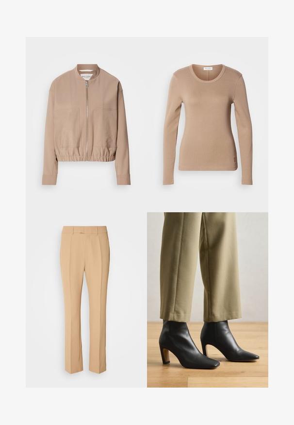 Beige bomberjakke lavet af letvægtsstof med lynlås, ribbet kant og to frontlommer. Høj kravedesign.; Langærmet top i lys beige med rund halsudskæring og tætsiddende pasform. Lavet af blødt, strækbart stof med en subtil tekstur. Lille logo detail ved kanten.; Beige skræddersyede bukser med lige ben, der har to frontfald, en flad front og et glat, let materiale.; Sorte læder ankelstøvler med spids tå, firkantet hæl og en glat overflade, parret med beige skræddersyede bukser.