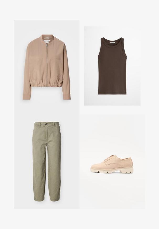 Chaqueta bomber beige hecha de tela ligera, con cierre de cremallera, dobladillo acanalado y dos bolsillos frontales. Diseño de cuello alto.; Camiseta sin mangas ajustada de color marrón oscuro con escote redondo, mostrada sobre un fondo claro y liso.; Pantalones rectos color caqui claro con trabillas para cinturón, cierre de botón y bragueta con cremallera, expuestos sobre un fondo liso.; Zapatos de gamuza beige con cordones, punta redondeada, parte superior texturizada y una suela de goma crema gruesa con un patrón pronunciado para mayor tracción.