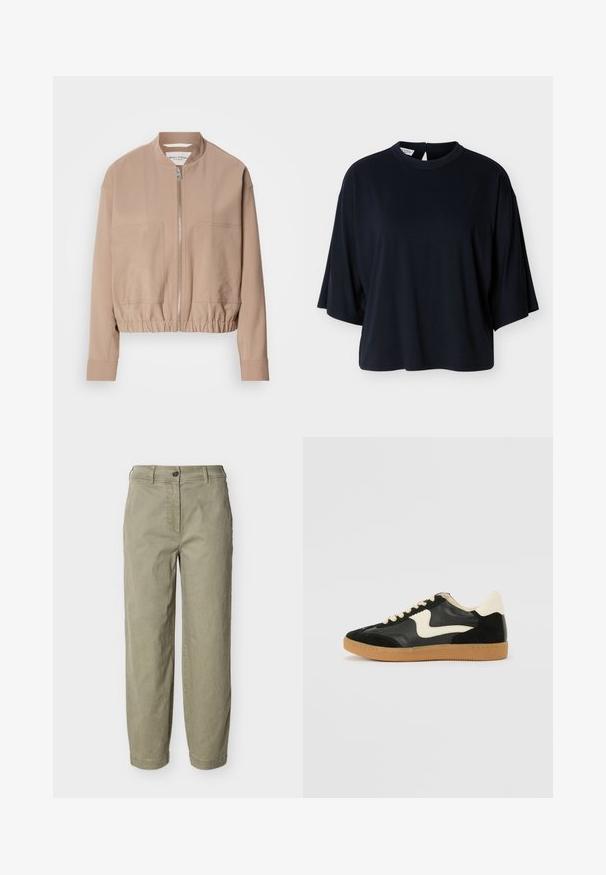 Veste bomber beige en tissu léger, dotée d'une fermeture éclair, d'une bordure côtelée et de deux poches avant. Design à col montant.; Chemise noire à manches courtes oversize avec col rond et fermeture par bouton dans le dos, présentée sur un fond blanc.; Pantalon droit couleur kaki clair avec passants pour ceinture, fermeture par bouton et braguette zippée, présenté sur un fond uni.; Baskets en daim et cuir noir avec un swoosh latéral crème et un talon crème clair. Dotées de lacets beige et d'une semelle en caoutchouc gomme.