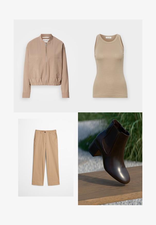 Beige bomberjakke lavet af letvægtsstof med lynlås, ribbet kant og to frontlommer. Høj kravedesign.; Beige ærmeløs tætsiddende dame top med rund halsudskæring og Marc O'Polo mærke på bagsiden inde i kraven.; Beige bomuldsbukser med lige ben, knaplukning foran og en glat tekstur. Har standard bærestropper og flad frontdesign.; Brun læder ankelstøvle med en afrundet tå og en lav blokhælhæl, der har elastiske sidepaneler og en glat, blank finish.