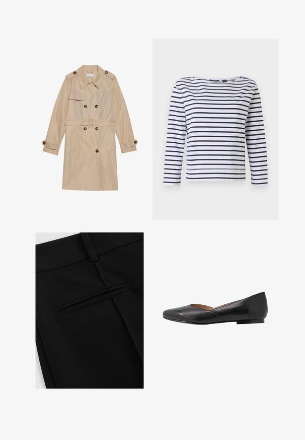 Beige trenchcoat gemaakt van gladde stof, met een dubbele rij knopen, grote knopen, een riem en klepzakken.; Gestreepte lange mouwen top in wit en marineblauw, met een bootnek en een ontspannen pasvorm. Gemaakt van zacht katoen met gestikte zomen.; Zwarte broek van gladde stof, met een vlakke voorkant en een enkele achterzak met een gleufopening.; Zwarte leren platte schoen met een spitse neus, lage hak en een iets open bovenwerk ontwerp. Gladde textuur met minimale stikdetails.