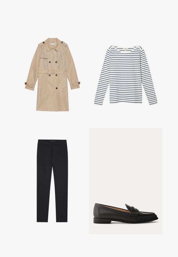 Beige trenchcoat lavet af glat stof, med et dobbeltbrystet design, store knapper, et bælte og klaplommer.; Hvid langærmet skjorte med marineblå horisontale striber. Har en bred bådudskæring og blød bomuldsstof. Simpelt design med ribkanter ved ærmerne.; Sorte slim-fit formelle bukser med bæltestropper og forlommer, designet til et skræddersyet, professionelt look.; Sort dames loafer i læder med lav hæl, rundet tå og syninger på overdelen, vist fra siden på en ensfarvet baggrund.