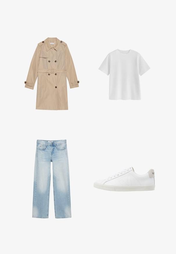 Beige trenchcoat gemaakt van gladde stof, met een dubbele rij knopen, grote knopen, een riem en klepzakken.; Effen witte T-shirt met korte mouwen en ronde hals, regular fit en een gladde stoftextuur op een witte achtergrond.; Lichtblauwe wijde jeans met vijf zakken, riemlussen, knoopsluiting en subtiele vervaging op de voorkant van de dijen en knieën.; Witte leren sneakers met een getextureerde lichtgrijze rubberen zool. Kenmerken zijn onder meer veters, subtiele stiksels en een grijze suède hielaccent.