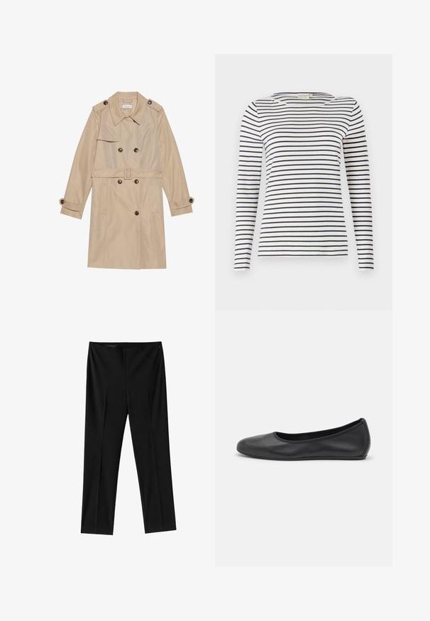 Beige trenchcoat lavet af glat stof, med et dobbeltbrystet design, store knapper, et bælte og klaplommer.; Langærmet stribet skjorte lavet af blødt stof, med marineblå og hvide vandrette striber, rund halsudskæring og en slim-fit design.; Sorte skræddersyede bukser med lige ben, høj talje og subtil detaljeret folder foran, vist fladt på hvid baggrund.; Sort læderballetsko med rund tå, glat tekstur, minimal syning og et fleksibelt såldesign.