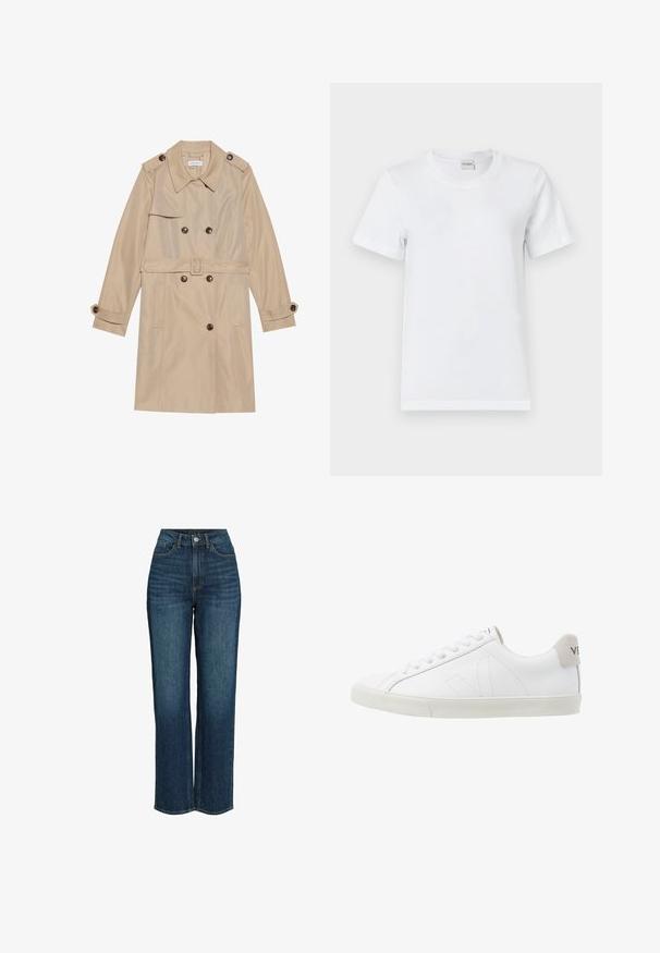 Manteau trench beige en tissu lisse, avec un design croisé, de grands boutons, une ceinture et des poches à rabat.; T-shirt en coton blanc avec un col rond, des manches courtes, un ourlet droit et une texture lisse. Sans motifs ni accessoires supplémentaires.; Jean taille haute bleu foncé, design à jambes larges, en denim, avec poches avant et fermeture boutonnée avec zip.; Baskets en cuir blanc avec une semelle en caoutchouc texturée et blanc cassé. Les caractéristiques incluent des lacets, des coutures discrètes et un accent en daim gris au niveau du talon.