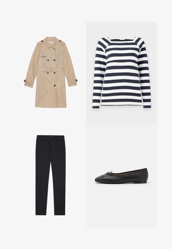Manteau trench beige en tissu lisse, avec un design croisé, de grands boutons, une ceinture et des poches à rabat.; TOM TAILOR STRIPED CARRE NECK - T-shirt à manches longues - lunar eclipse/off white; Pantalons formels noirs slim fit avec passants de ceinture et poches avant, conçus pour un look professionnel et ajusté.; Ballerines en cuir noir avec un bout arrondi, détail de nœud à l'avant et un talon bas et plat. Texture lisse et design épuré.
