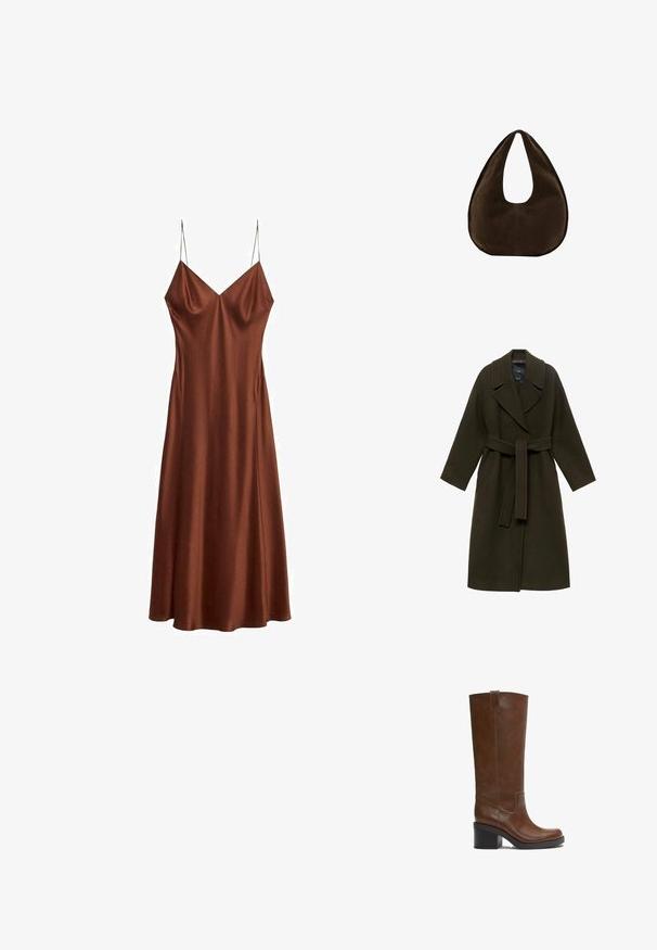 Manteau en laine vert foncé avec un large col, des manches longues, une taille ceinturée et des poches latérales, présentant une coupe droite et une texture douce.; Robe nuisette en satin marron avec fines bretelles spaghetti et légère évasement à l'ourlet, présentant un décolleté en V et une texture lisse.; Botte en cuir brun mi-mollet avec talon bloc et languette de tirage, finition lisse et bout arrondi sur fond blanc.; Sac à main en daim marron foncé en forme de croissant avec une seule sangle large et une texture lisse sur fond blanc.