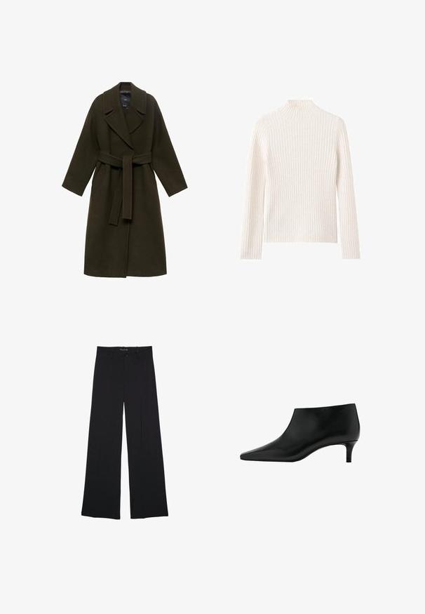 Manteau en laine vert foncé avec un large col, des manches longues, une taille ceinturée et des poches latérales, présentant une coupe droite et une texture douce.; Pull à col roulé côtelé en blanc cassé, fabriqué en tissu tricoté doux. Caractéristiques : manches longues et silhouette ajustée.; Pantalon noir à jambes larges avec passants de ceinture, bouton frontal et fermeture éclair, étalé à plat sur un fond blanc.; Bottine en cuir noir avec bout pointu et petit talon kitten, conçue pour un port élégant et formel.