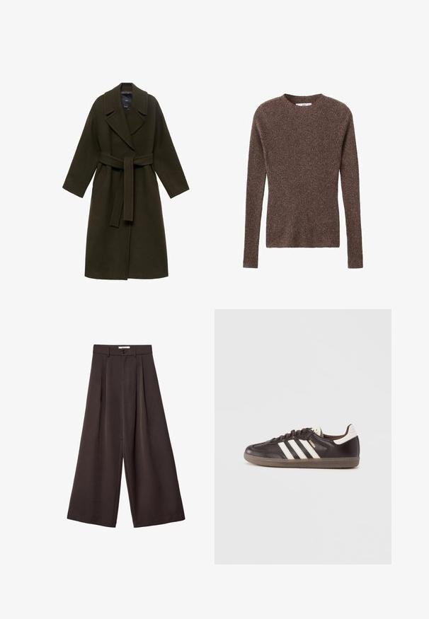 Manteau en laine vert foncé avec un large col, des manches longues, une taille ceinturée et des poches latérales, présentant une coupe droite et une texture douce.; Pull en maille côtelée marron avec un col rond et des manches longues, présentant un tissu texturé et une silhouette ajustée.; Pantalon à jambes larges en tissu brun foncé, avec des plis, une fermeture par bouton, et une texture lisse ; longueur cheville avec une coupe ajustée.; Baskets en cuir marron foncé avec un design à trois bandes blanches, une semelle en caoutchouc et l'inscription "Samba" en lettres dorées sur le côté. Forme classique basse.