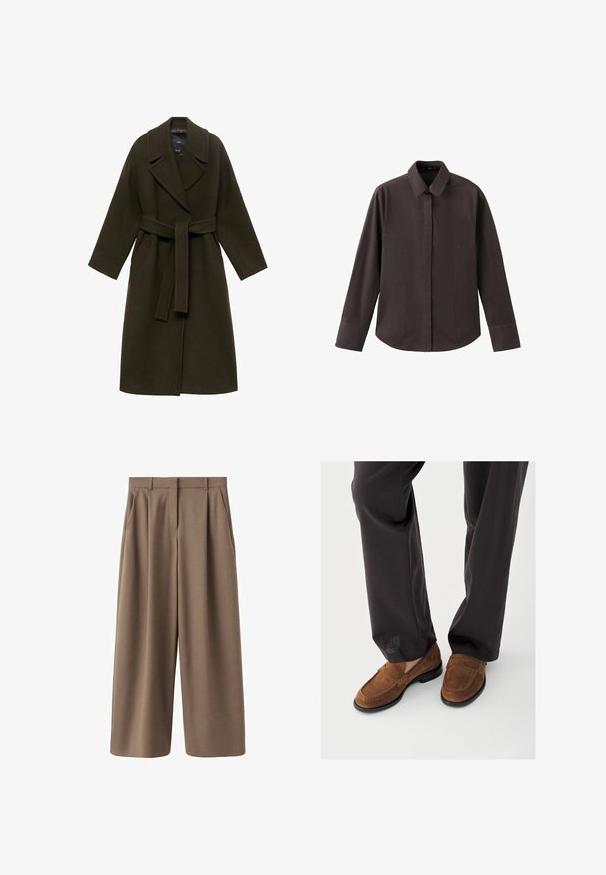 Manteau en laine vert foncé avec un large col, des manches longues, une taille ceinturée et des poches latérales, présentant une coupe droite et une texture douce.; Chemise marron à manches longues avec un col pointu, une fermeture à boutons sur le devant et une poche poitrine unique. Tissu lisse et coupe décontractée.; Pantalons marron à jambe large avec une texture lisse, des plis avant et une taille haute. Dotés d'un design ajusté et de poches latérales.; Mocassins en daim marron avec une texture lisse, ornés de détails cousus à l'avant et une semelle en caoutchouc noire, associés à un pantalon noir.