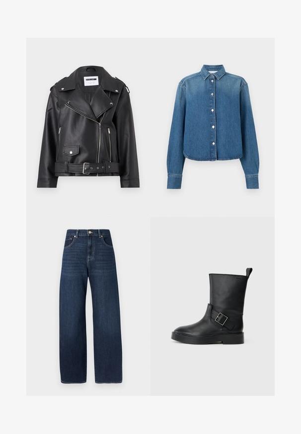 Sort faux læder bikerjakke med sølv lynlåse, bælte i taljen og epauletter. Har krave i bred model og asymmetrisk lynlåslukning foran.; Blå denimskjorte med krave, lange ærmer og lukning med knapper foran. Har en kortet kant og subtil tekstur.; Vidbenede mørke denimjeans med en glat tekstur, med knaplukning, fem-lomme design og subtile syningsdetaljer.; Sort læder ankelstøvle med rund tå, flad sål og en sølv spænde accent på siden. Har en løkke bagpå til nem påtagning.