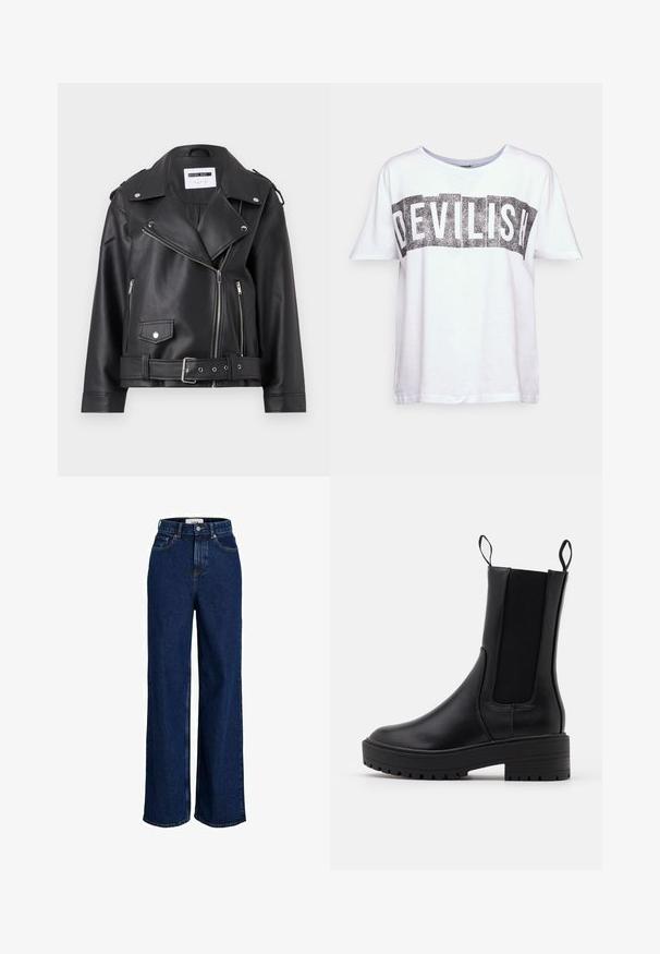 Sort faux læder bikerjakke med sølv lynlåse, bælte i taljen og epauletter. Har krave i bred model og asymmetrisk lynlåslukning foran.; Noisy May NMDEVIL - T-shirts print - bright white/devils; Mørkeblå jeans med høj talje og vide ben, der har forlommer, bæltestropper, knaplukning og synlige stingdetaljer.; Sort ankelstøvle med en glat læderoverflade, elastiske sidestykker, trækstænger og en tykkere, tekstureret sål for ekstra greb.