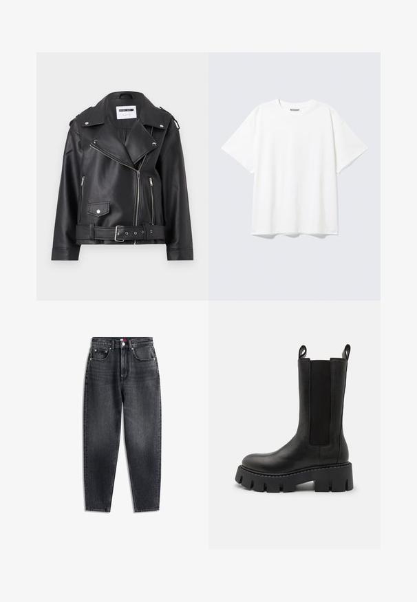 Sort faux læder bikerjakke med sølv lynlåse, bælte i taljen og epauletter. Har krave i bred model og asymmetrisk lynlåslukning foran.; Hvid T-shirt med korte ærmer og rund halsudskæring med en afslappet pasform og et "WEEKDAY" mærke på indersiden af nakken bagtil.; Højttaljede sorte vaskede denimbukser med fem lommer, bæltestropper, knaplukning og subtil falmning.; Sorte læder ankelstøvler med elastiske sidedele, trækremme, kraftig sål med mønster og forstærkede syninger. Overfladen har en glat struktur.