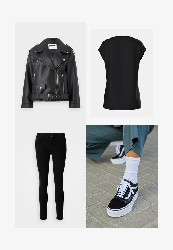 Čierna faux kožená biker bunda so striebornými zipsami, pásom a epauletmi. Má široký golier a asymetrické zapínanie na zips vpredu.; Čierny top s krátkym rukávom, ktorý má voľný strih, okrúhly výstrih a hladkú textúru látky, s jemnými ševmi na pleciach. Zobrazený zadný pohľad.; Pieces PCPEGGY - Džínsy skinny fit - black; Čierne semišové tenisky s bielymi akcentmi a šnúrkami, s hrubou bielou podrážkou a kontrastným prešívaním, doplnené o bielu ponožku.
