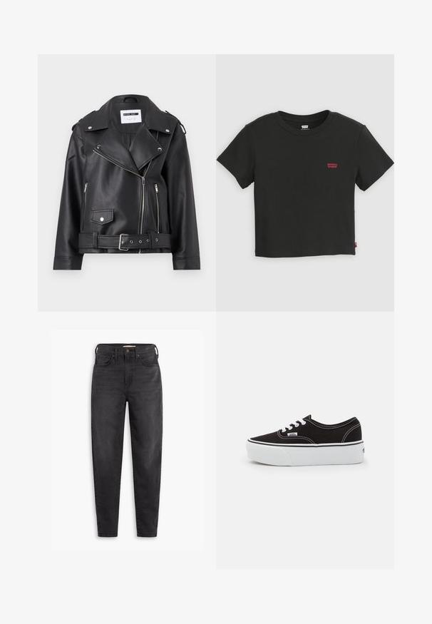 Zwarte nepleer motorjack met zilveren ritssluitingen, ceintuur in de taille en epauletten. Voorzien van een brede kraag en een asymmetrische ritssluiting aan de voorkant.; Zwart Levi's cropped T-shirt met korte mouwen, ronde hals en klein rood Levi's-logo op de linkerborst.; Zwarte hoog-taille slim-fit jeans met voor- en achterzakken, knoopsluiting en riemlussen, weergegeven op een witte achtergrond.; Zwarte canvas sneaker met een witte rubberen platformzool, voorzien van witte veters en stiksels, iconische branding op de zijkant, low-top ontwerp.