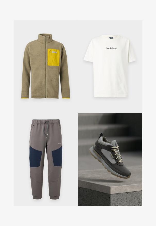 Φωτεινό καφέ fleece μπουφάν με φερμουάρ μπροστά και κίτρινη τσέπη στο στήθος με φερμουάρ, με ετικέτα της μάρκας Columbia.; Λευκό βαμβακερό μπλουζάκι με κοντά μανίκια και στρογγυλή λαιμόκοψη, με μαύρο λογότυπο "New Balance" τυπωμένο μπροστά.; Γκρι παντελόνι τζόγκερ με μπλε-ναυτικού χρώματος πάνελ στα γόνατα, ελαστική μέση, κορδόνι, τσέπες με φερμουάρ και λογότυπο Columbia στον μηρό.; Γκρι και καφέ αθλητικό παπούτσι με υφή στην επιφάνεια, χοντρή σόλα και κορδόνια με λεπτομέρειες· το λογότυπο είναι ορατό στο πλάι και στο πίσω μέρος.