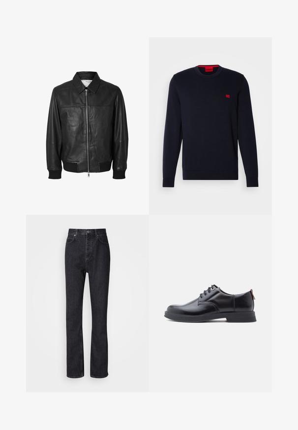 Selected SLHDEON JACKET - Lederjacke - black; Navyblaues Strickpullover mit Rundhalsausschnitt, gerippten Bündchen und Saum sowie einem kleinen roten Logo auf der Brust. Glatte Textur, lässiges Design.; Hochtaillierte schwarze Jeans aus Denim mit Knopf- und Reißverschluss, Vorder- und Hintertaschen sowie einer geraden Passform.; Schwarze Leder-Schnürschuhe mit glatter Textur, rundem Zehenbereich und dezenten Ziernähten. Mit einem roten Laschenband an der Ferse.
