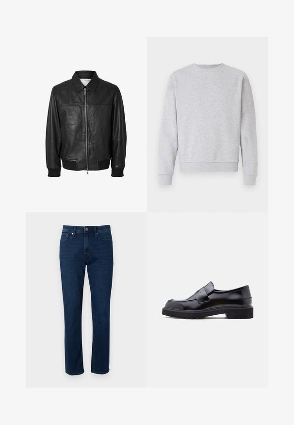 Selected SLHDEON JACKET - Lederjacke - black; Grauer Sweatshirt aus weichem Stoff, mit Rundhalsausschnitt, langen Ärmeln und gerippten Bündchen und Saum. Einfaches Design ohne Logos oder Muster.; Dunkelblaue Denim-Jeans mit geradem Bein, fünf Taschen, Gürtelschlaufen und einem Metallknopfverschluss an der Taille. Glatte Textur und klassisches Design.; Schwarzer Leder Slipper mit elegantem Design, abgerundeter Schuhspitze und dicker, strukturierten Gummisohle. Mit einem dekorativen Riemen quer über der Vorderseite.