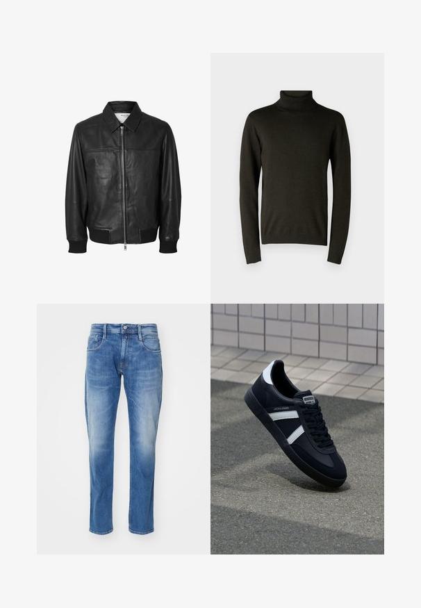 Selected SLHDEON JACKET - Leren jas - black; Donkergroene coltrui van een zachte breiselstof, met lange mouwen en geribbelde boorden en zoom. Gladde textuur met minimale details.; Lichtblauwe denim jeans met een rechte pasvorm, vijf-pocket ontwerp, subtiele vervaging en een standaard tailleband met knoopsluiting.; Zwarte leren sneaker met witte strepen, een gestructureerde rubberen zool en vetersluiting aan de voorkant. Voorzien van een merklabel op de tong.
