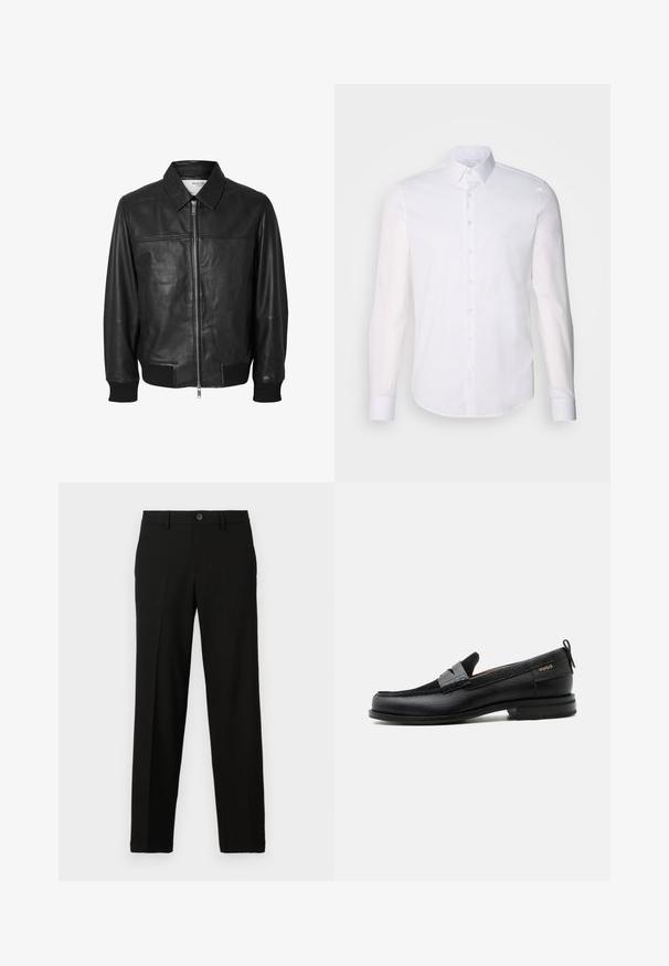 Selected SLHDEON JACKET - Leren jas - black; Witte lange mouwen overhemd met knopen, gemaakt van katoen, voorzien van een klassieke kraag, voorkant met knopen en minimale stikdetails.; Zwarte broek van gladde stof, met een rechte snit, een knoopsluiting aan de taille en geen zichtbare patronen of accenten.; Zwarte leren loafer met grijs riemdetailelement, lage hak en gestructureerde zool, aan de zijkant gebrandmerkt met "HUGO" in goud.