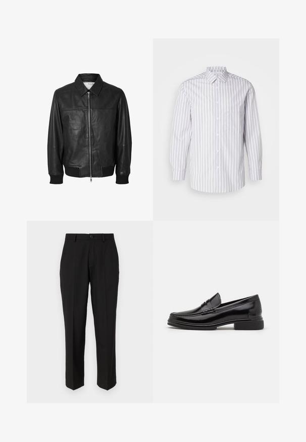 Selected SLHDEON JACKET - Chaqueta de cuero - black; Camisa de botones a rayas con rayas verticales gris y blancas, mangas largas, cuello y un bolsillo en el pecho. Textura de tela suave.; Pantalones negros de tela suave, con un diseño de pierna recta, bolsillos delanteros, un cierre de botón y sin patrones visibles.; Mocasines de cuero negro con punta redondeada, que presentan un detalle cosido a través del empeine y un tacón bajo y cuadrado. Textura suave y acabado brillante.
