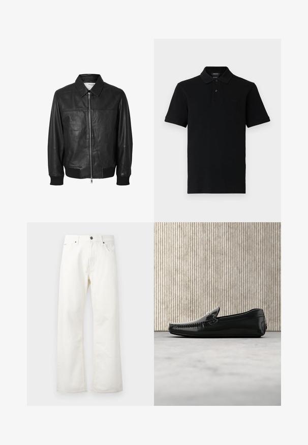 Selected SLHDEON JACKET - Leren jas - black; Zwart poloshirt met korte mouwen, twee knopen, geribbelde kraag en manchetten, en een subtiel reliëflogo op de linkerborst.; Witte uitlopende jeans gemaakt van denim, met een standaard tailleband, voorzakken en een knoopsluiting. Getextureerde stof met een schone afwerking.; Zwarte leren loafers met een glanzende afwerking, ronde neus en decoratieve hardware aan de voorkant. Laag profiel rubberen zool. Gladde textuur.