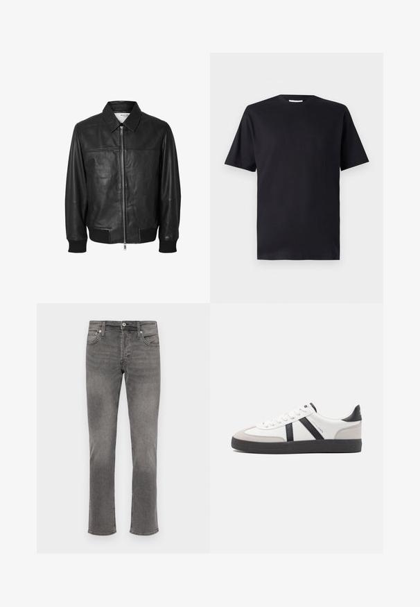 Selected SLHDEON JACKET - Leren jas - black; Zwart kortemouwen T-shirt van katoen, met een ronde halslijn en een klassieke snit, zonder patronen of zichtbare merkvoering.; Grijze denim jeans met een rechte pijpdesign, vijf zakken, een knoopsluiting en subtiele wassing aan de voorkant.; Witte sneaker met zwarte en grijze accenten, voorzien van een grijze neus met textuur, zwarte rubberen zool en platte witte veters. Schoon ontwerp, minimalistische stijl.