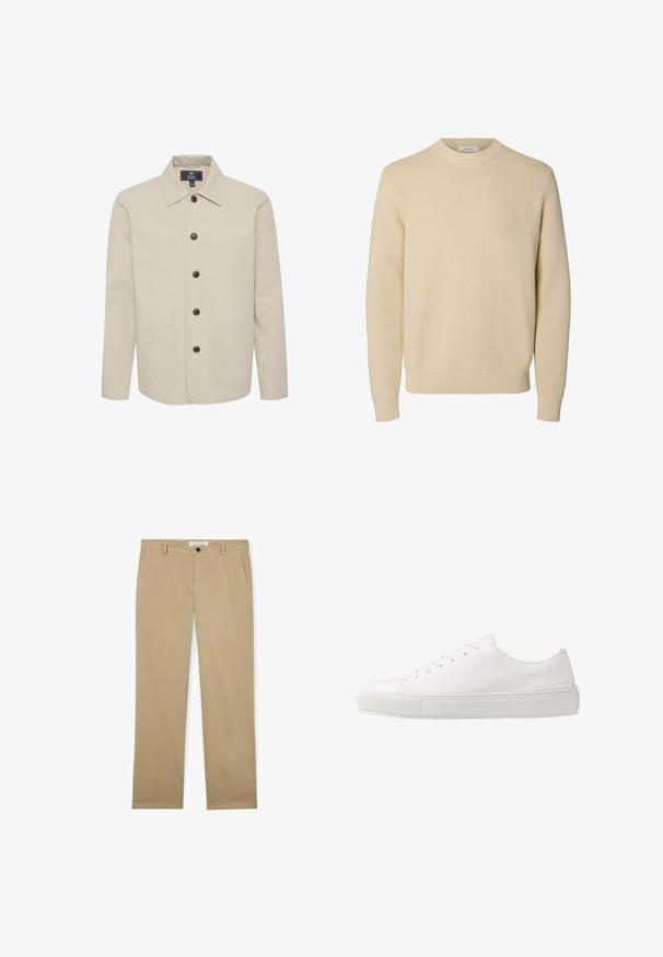 Beige jakke lavet af bomuld, med krave, knaplukning og to forlommer. Glat tekstur med brune knapper.; Enkel beige crewneck striktrøje med lange ærmer og ribstrikkede manchetter og kant.; Beige chinos med lige ben, frontknap og lynlås, bæltestropper og sidelommer, lagt fladt på en hvid baggrund.; Hvide lædersneakers med en glat finish, rund tå og seks øjer til snørebånd. Har en tekstureret gummisål og et minimalisk design.