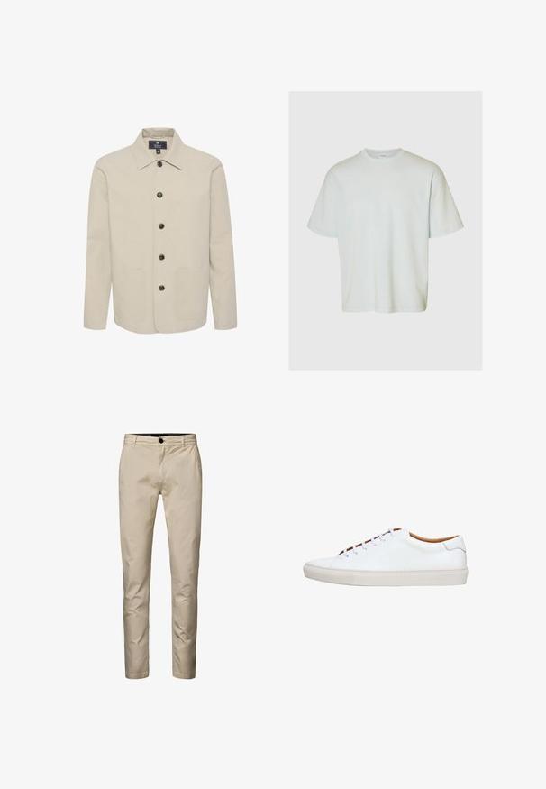Beige jakke lavet af bomuld, med krave, knaplukning og to forlommer. Glat tekstur med brune knapper.; Selected SLMLOOSEOSCAR - T-shirts basic - ice melt; Beige chinos med flad front, lavet af bomuld. Letvægtsstof, tapered ben-design, har en enkelt knaplukning og bælteløkker.; Hvid lædersneaker med en tekstureret gummisål, rund tå og kontrasterende tanfarvet inderside. Har fem snørehuller og hvide snørebånd.
