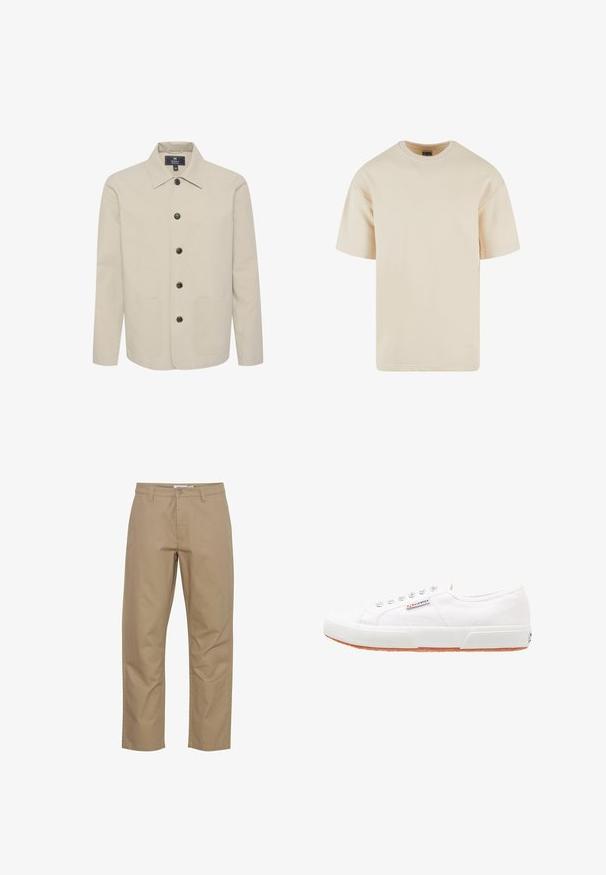 Beige jakke lavet af bomuld, med krave, knaplukning og to forlommer. Glat tekstur med brune knapper.; Beige bomulds t-shirt med rund hals, korte ærmer og lige pasform. Glat tekstur uden synlige mønstre eller accenter.; Beige bomuldsbukser med lige ben-design, der har en frontknap og lynlås lukning, sidelommer og et rent finish.; Hvide kanvas sneakers med gummisål, snørebåndsdesign og et lille logo mærke på siden. Tekstureret hvid overdel og brun ydersål.