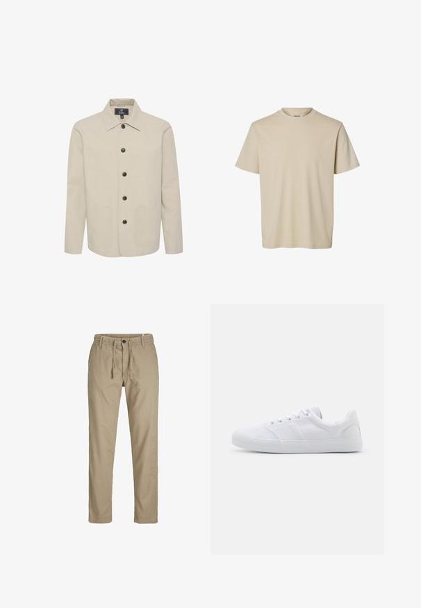 Beige jakke lavet af bomuld, med krave, knaplukning og to forlommer. Glat tekstur med brune knapper.; Kortærmet beige ribstrikket t-shirt med rund hals og afslappet pasform på hvid baggrund.; Beige bomuldsbukser med snoretræk i taljen, knaplukning, lige pasform og sidelommer. Glat tekstur med minimal design.; Hvide lærreds sneakers med gummisål, der har seks snørehuller, en struktureret tåkap og et minimalistisk design.